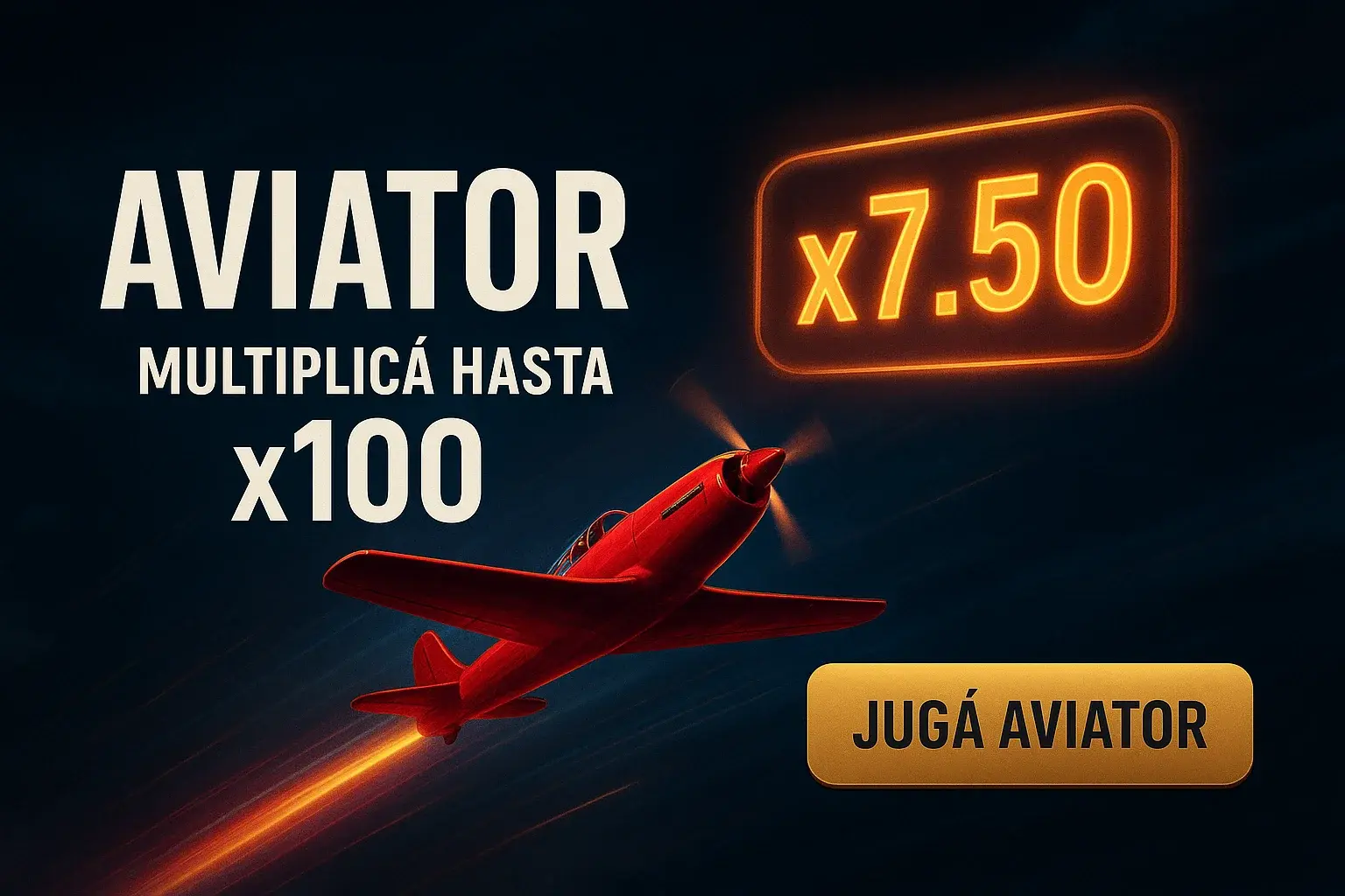Banner Aviator en español con avión rojo y multiplicador x7.50 brillante
