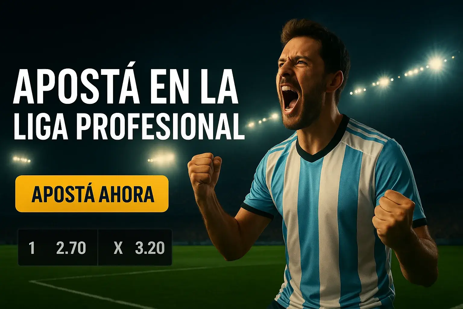 Banner de apuestas en Liga Profesional con hincha argentino y botón dorado