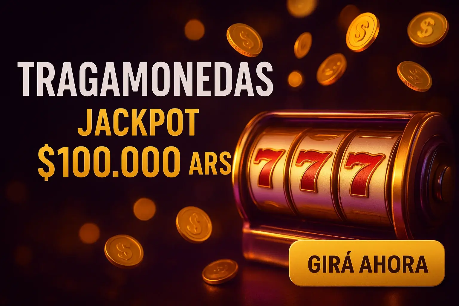 Banner de tragamonedas con jackpot 7 7 7, botón Girá Ahora y monedas doradas